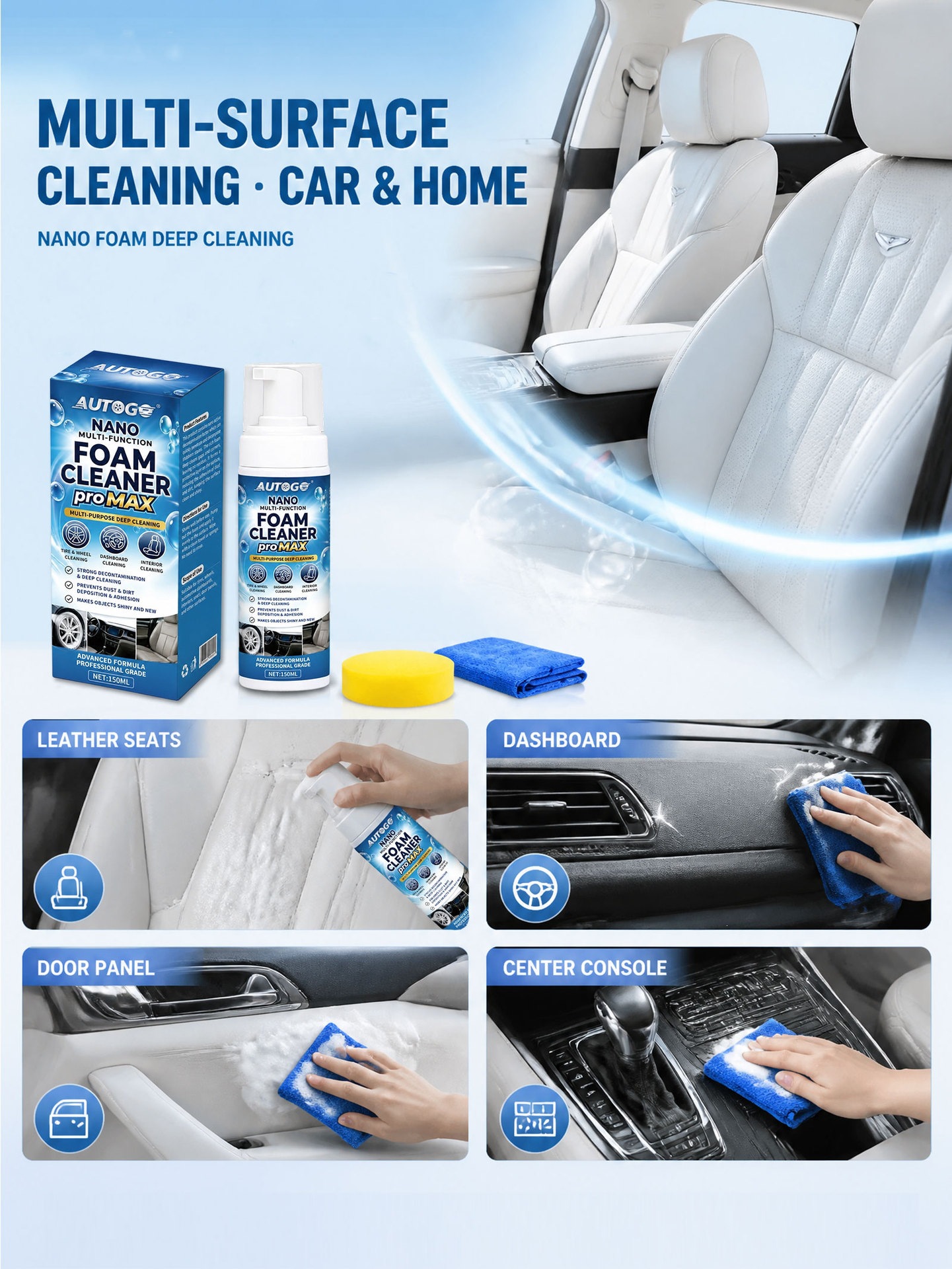 AUTOGO Multifunctional Foam Cleaner for car interior leather cleaning, stain removal, renovation, daily maintenance, and shine enhancement