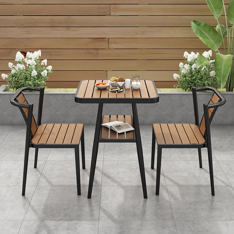 Outdoor Leisure Tea Table and Chair Set, Courtyard Plastic Wood Outdoor Rest Table and Chairs, Outdoor Open-Air Waterproof and Sun-Proof