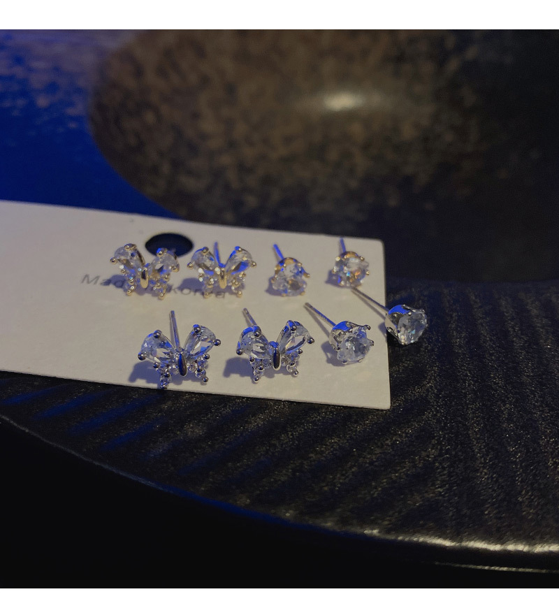 Simple Style Heart Shape Bow Knot Copper Inlay Zircon Ear Studs 4 Piece Set