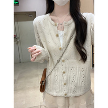 秋冬韩版甜美减龄镂空提花圆领马海毛针织开衫毛衣外套