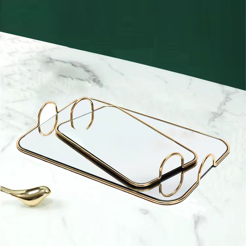 Nordic light luxury metal mirror tray desktop coffee table storage tray model room decoration American glass fruit plate