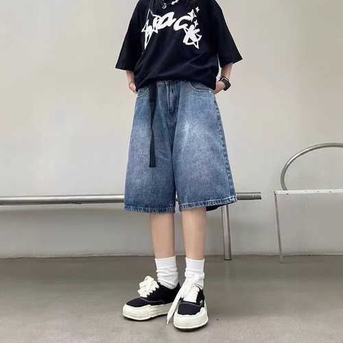 American-style washed denim shorts for men, summer trendy brand, Hong Kong-style retro loose casual wide-leg five-pocket pants
