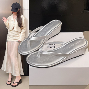 High-End Silver Thong Flip-Flops for Women 2025 Summer New Outer Wear Matchinging Skirt Wedge Heel Thick-Soled Sandals