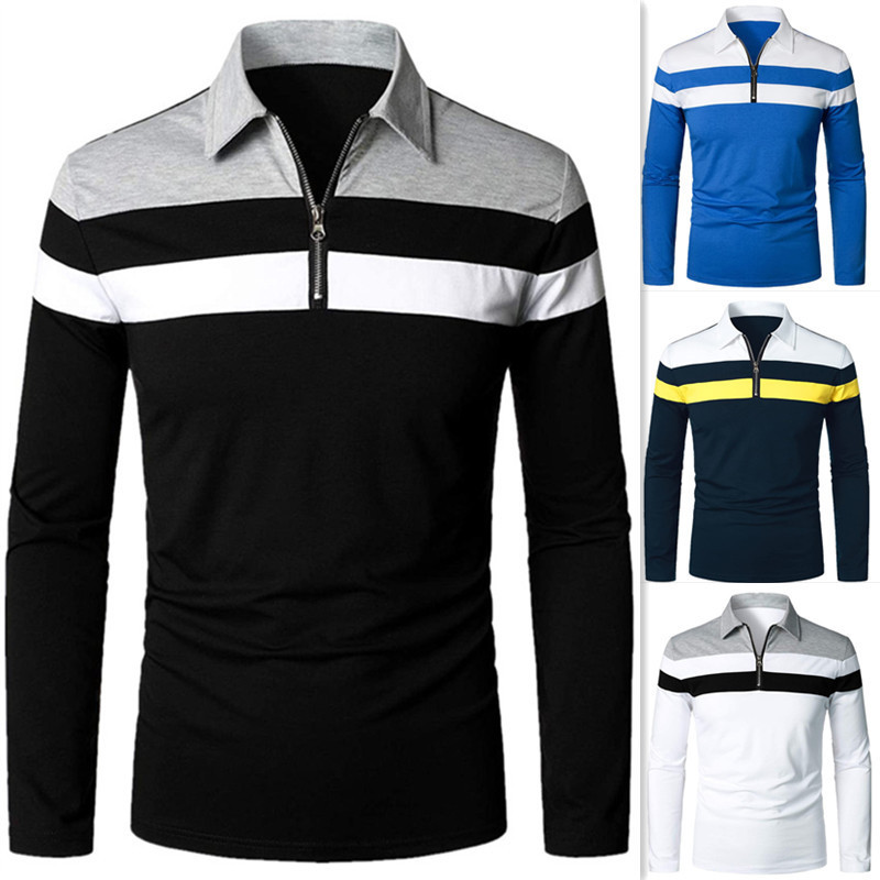 Cross-border Men's Long-sleeved Polo Shirt Casual Slim-fit Shirt Contrasting Color Stitching T-shirt Top Foreign Trade Men's Clothing
