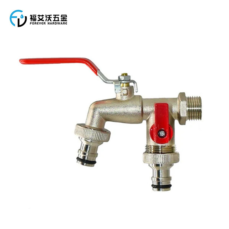 Cross-Border E-Commerce Zinc Alloy Nickel-Plated Water Faucet with Dual Outlets 1/2*3/4*3/4 Garden Water Tap with Dual Water Outlets