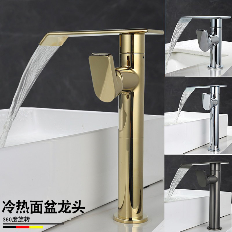 Waterfall faucet, hot and cold, all-copper, black bathroom washbasin faucet, gunmetal gray, countertop basin faucet, swivel high model Waterfall faucet, hot and cold, all-copper, black bathroom washbasin faucet, gunmetal gray, countertop basin faucet, swivel high model