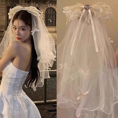 白色新娘头纱领证登记头饰求婚蓬蓬纱蝴蝶结发饰婚纱拍照道具头饰