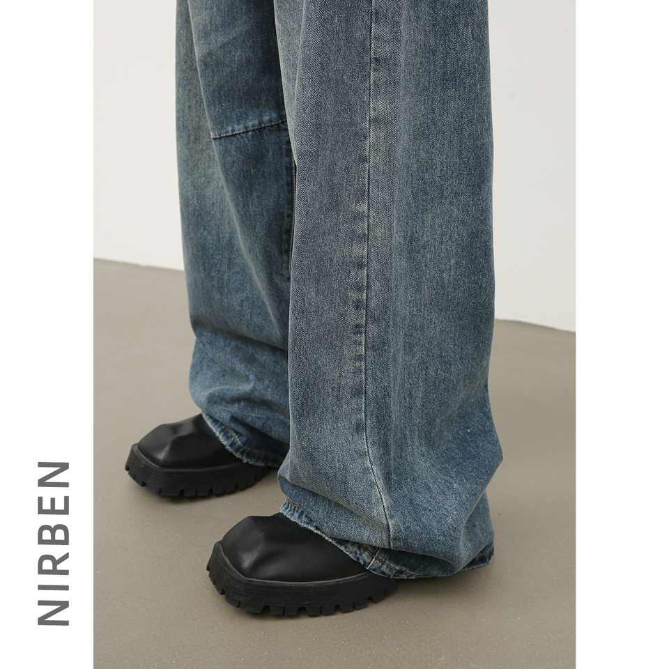 Quần jean nam ống rộng retro sờn rách giặt wash, dáng suông dài thoải mái — Màu xanh lam