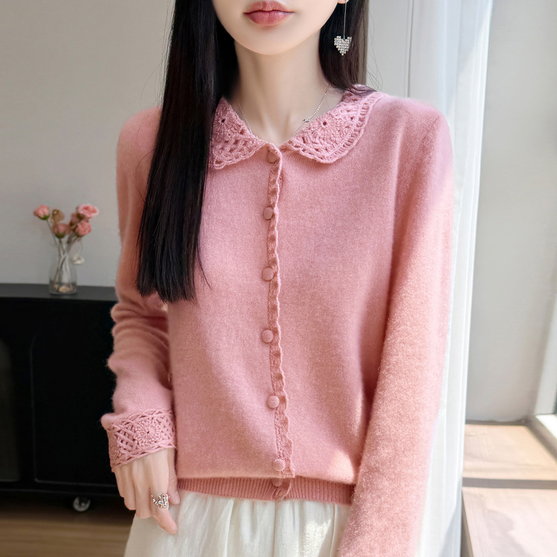 2026 Autumn/Winter New 100% Wool Sweater for Women, Polo Collar Knit Cardigan, Long Sleeve, Hollow Crochet Sweater Top, Trendy