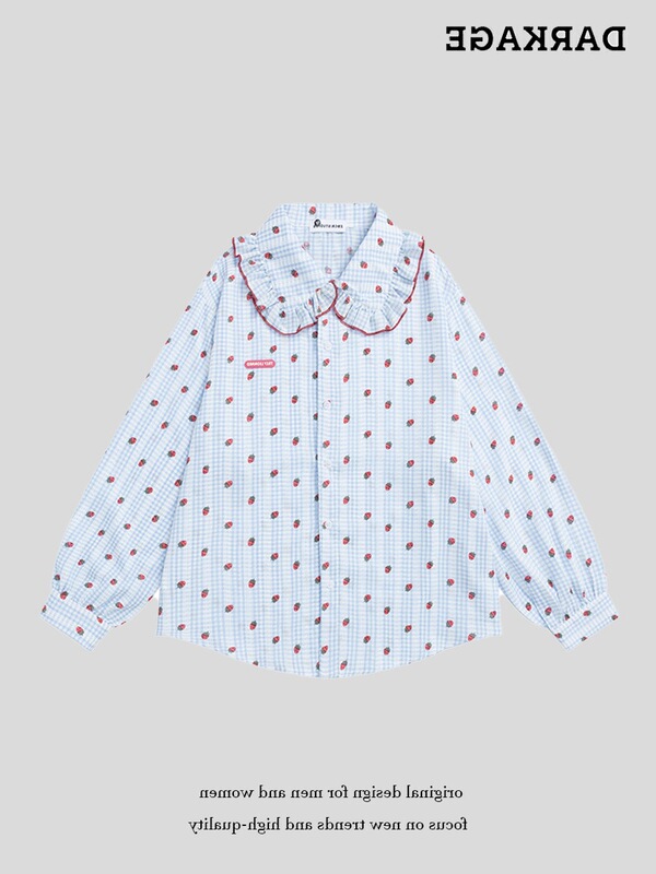 Retro Versatile Strawberry Full-Print Doll Collar Shirt for Women 2025 Autum New Loose Slim Casual Long-Sleeved Shirt