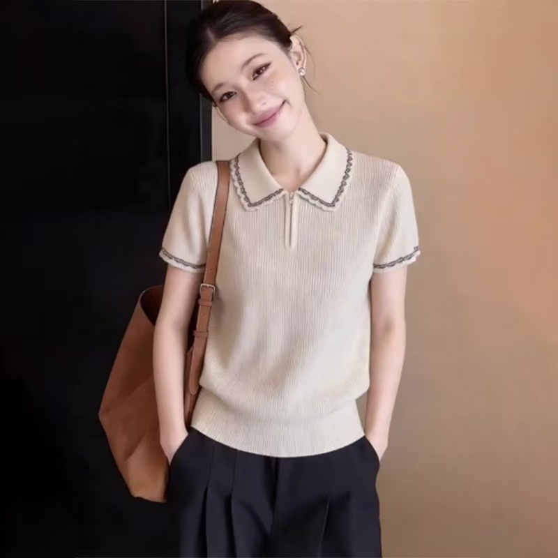 Áo thun dệt kim cổ lật phối khóa kéo viền hoa nữ tính — màu mơ chi tiết 1