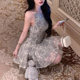 Qiauu雾灰清矜 定染雾兰*盘带绣 甜美花朵蓬蓬公主风连衣裙女