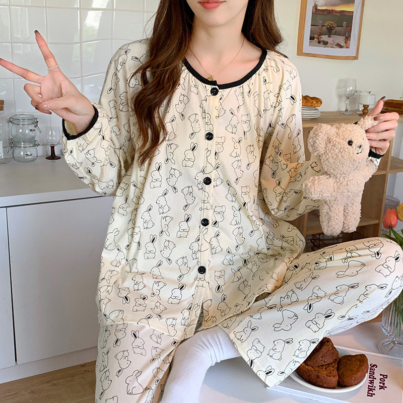 Class 2025A Maternal and Infant Grade Pure Cotton Monthly Clothing Spring and Autumn Postpartum Maternal Nursing Pajamas plus size Loose Home Clothing