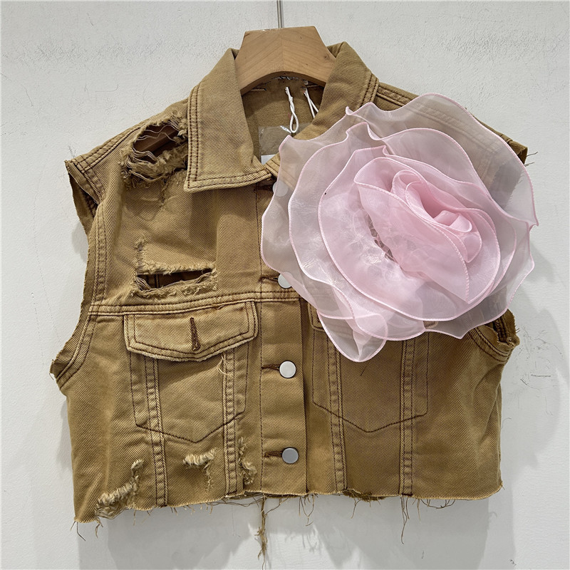 Personalidad europea agujero de bordes de lana chaqueta de vaquero chaqueta de mujer con flores tridimensionales 2024 nuevo clip de caballo corto image 4
