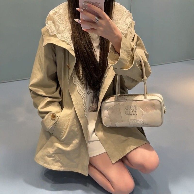 European Spring Splicing Long Windbreaker 2025 Loose New Lace Casual Jacket