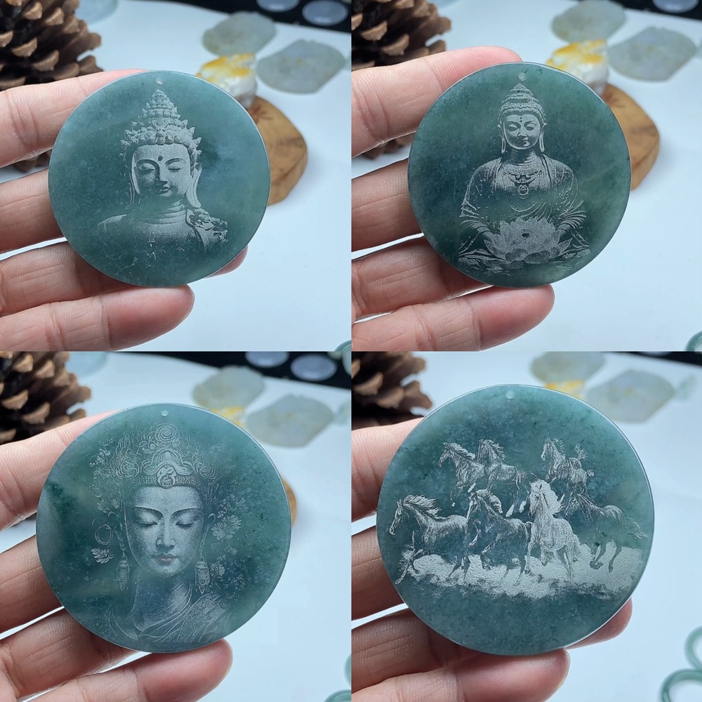 各式激光雕刻项坠影雕大日如来天然翡翠A货吊坠正品四会珠宝批发