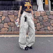 欧款美式复古宽松多口袋抽绳直筒工装裤女束脚cleanfit阔腿长裤潮