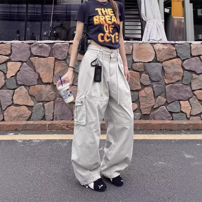 欧款美式复古宽松多口袋抽绳直筒工装裤女束脚cleanfit阔腿长裤潮