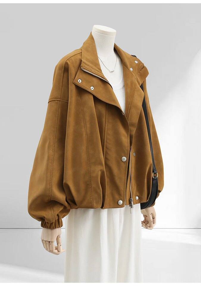 Áo khoác nữ dáng rộng cổ đứng phối lệch phong cách vintage, form suông thoải mái, khóa kéo tiện dụng — Brown Original Vải Nâng cấp chi tiết 10