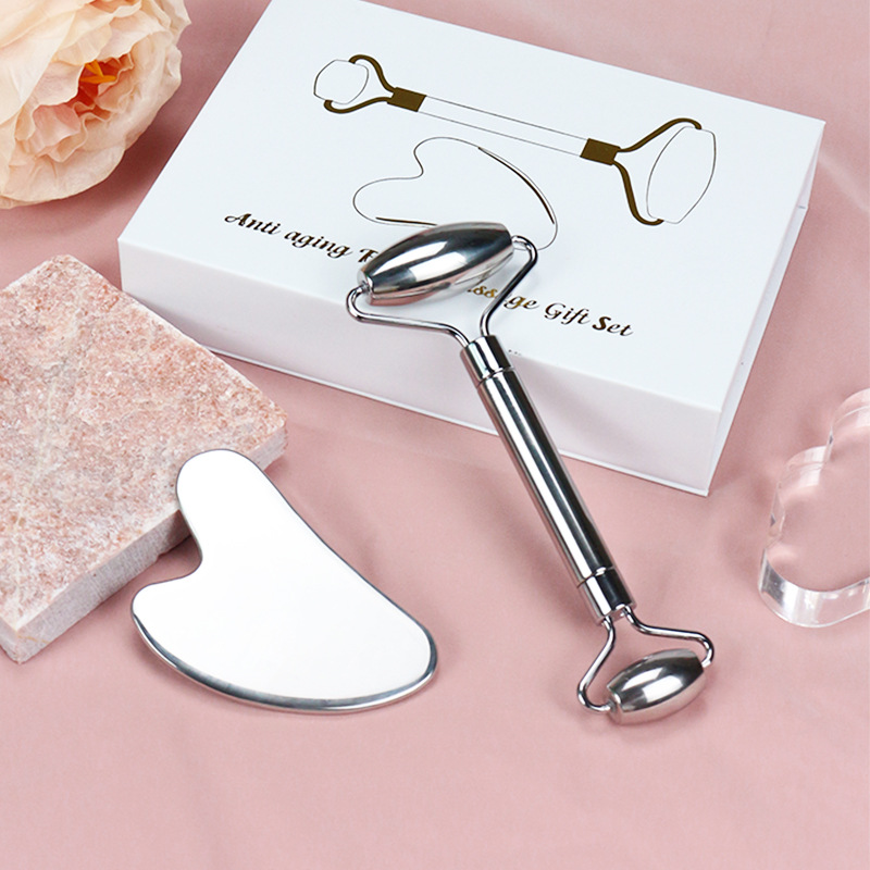 Stainless Steel Facial Massage Tool Set Heart-shaped Scraping Board Double-ended Roller Facial Massage Beauty Stick In Stock