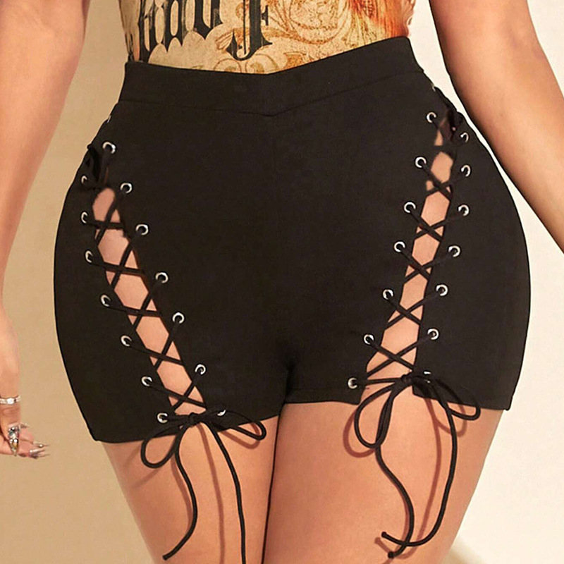 Cross-border High Waist Large Size Tight Black Shorts Women's Front Eyeses Distinctive Lace-up Hollow Cycling Shorts Cross-border High Waist Large Size Tight Black Shorts Women's Front Eyeses Distinctive Lace-up Hollow Cycling Shorts
