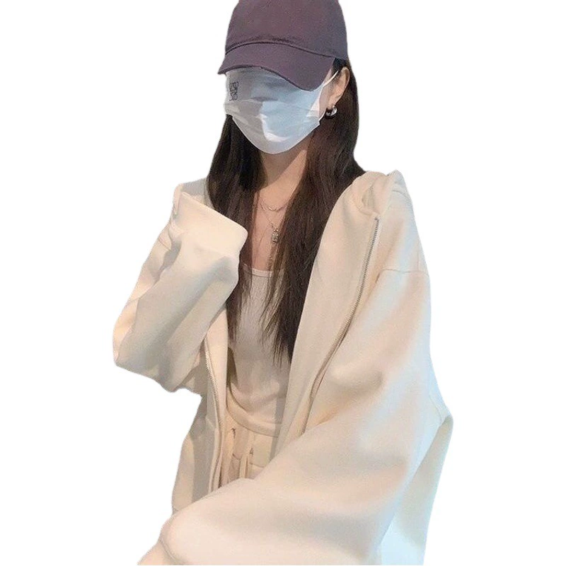 Большая рыбья чешуя молоко абрикосовый свитер женский 2024 весна и осень новый сплошной цвет кардиган на молнии с капюшоном свободного пальто оптом