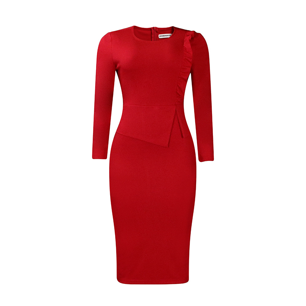 Plus Size Womens Spring Dress Ruffle Trim Solid Color Round Neck Bodycon Fit Office Wear Business Casual