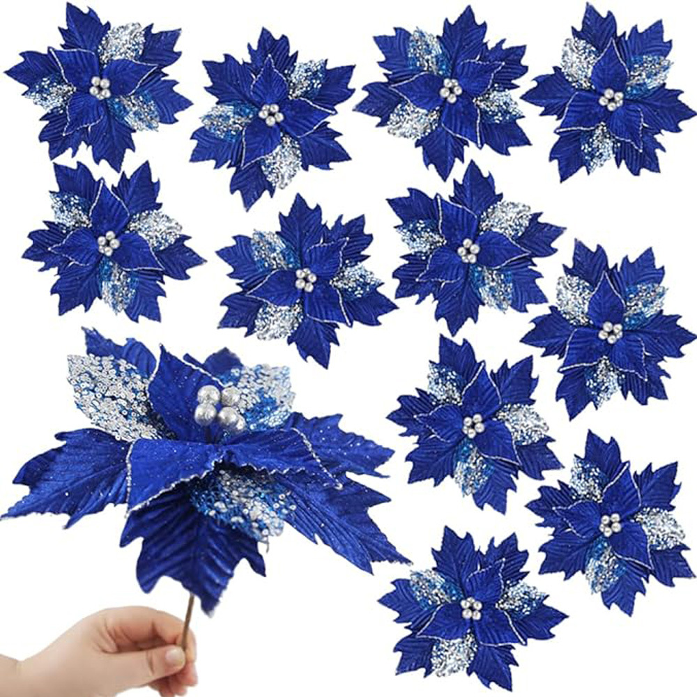 12 flores de Navidad en stock flores de polvo de oro accesorios de guirnaldas de árbol de Navidad colgantes de flores de decoración de Navidad flores falsas