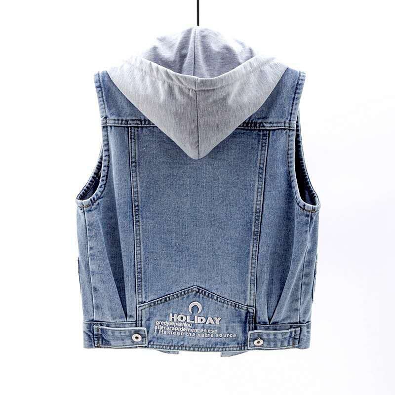 Women's short denim vest with hood, new spring/autumn style, hooded, large button pockets, embroidered, student jacket, versatile trendy top