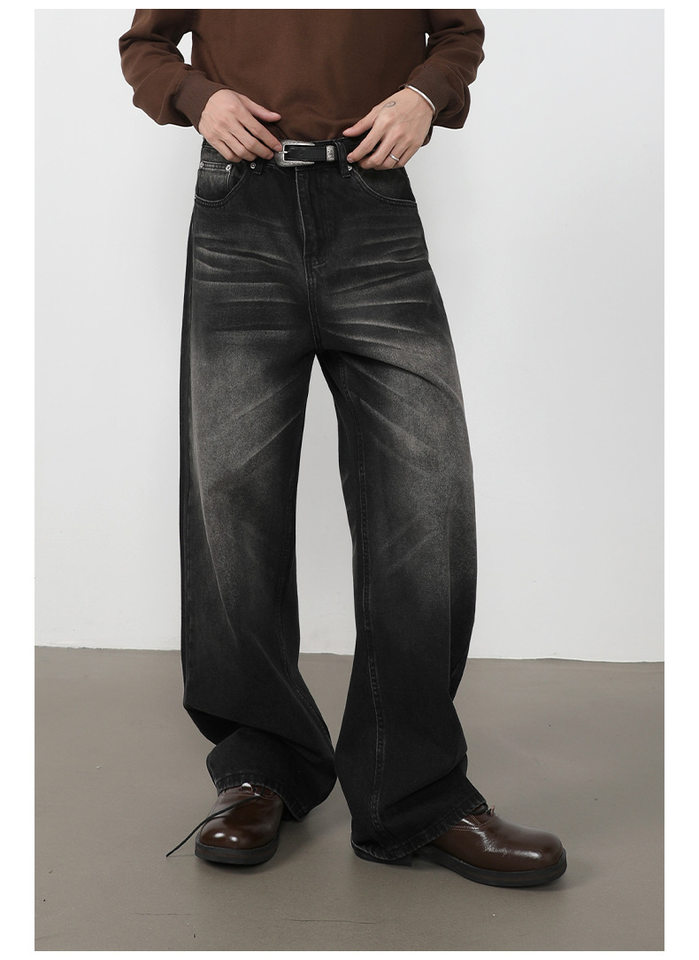 Quần jeans nam ống rộng lưng giữa, dáng suông thoải mái, chất denim washed — màu xanh, màu xanh nhạt, màu xám đen chi tiết 12