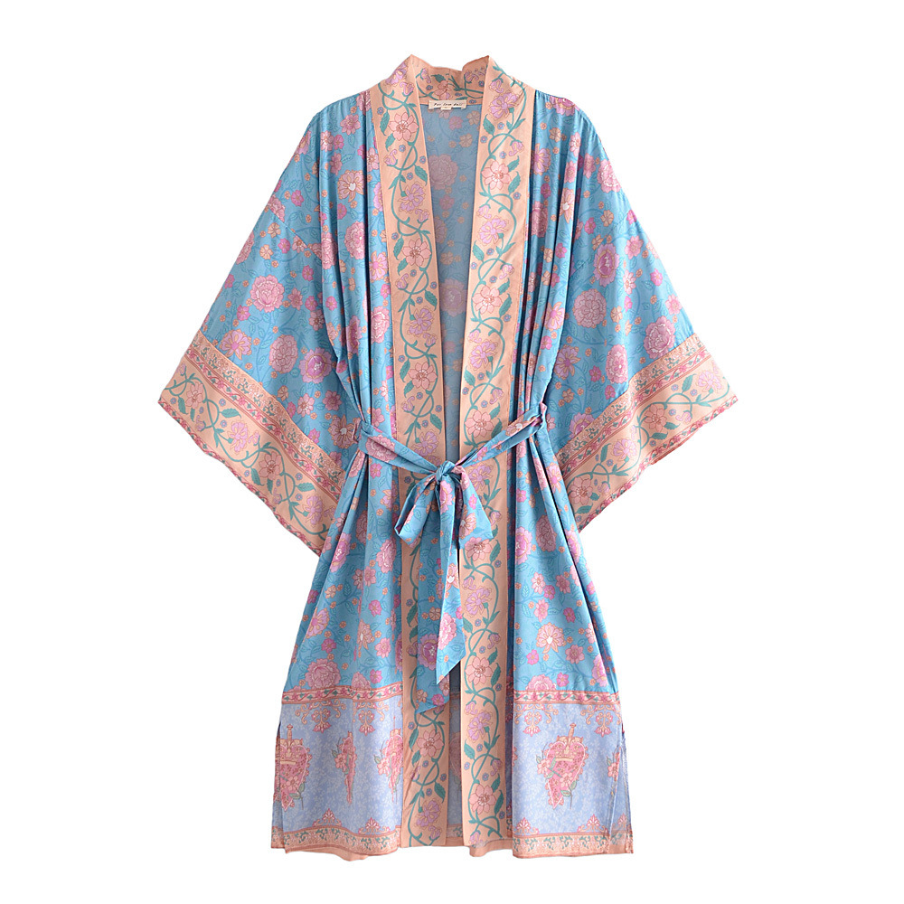 vestido kimono suelto de manga larga con cordones y estampado de flores NSAM134871