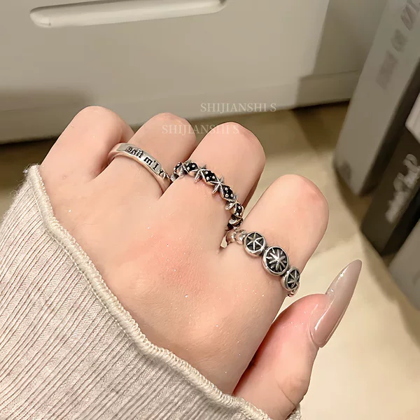 "Street Print" Retro Korean Cross Print Open Ring Women's Casual Letter Trendy Cool Cool Style Ring