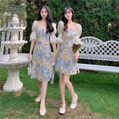 夏季2021新款甜美碎花气质很仙的中长款收腰显瘦闺蜜短袖连衣裙女
