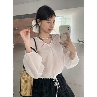 衣尔衫 法式茶语 气质宽松灯笼袖衬衫女韩系新款宽松通勤上衣0389