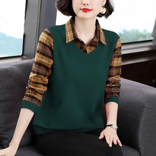 Women's Long-Sleeve Plaid Polo Collar Top with Patches for Plus Size, Mother's Day Outfit, Versatile and Comfortable Fall T-shirt