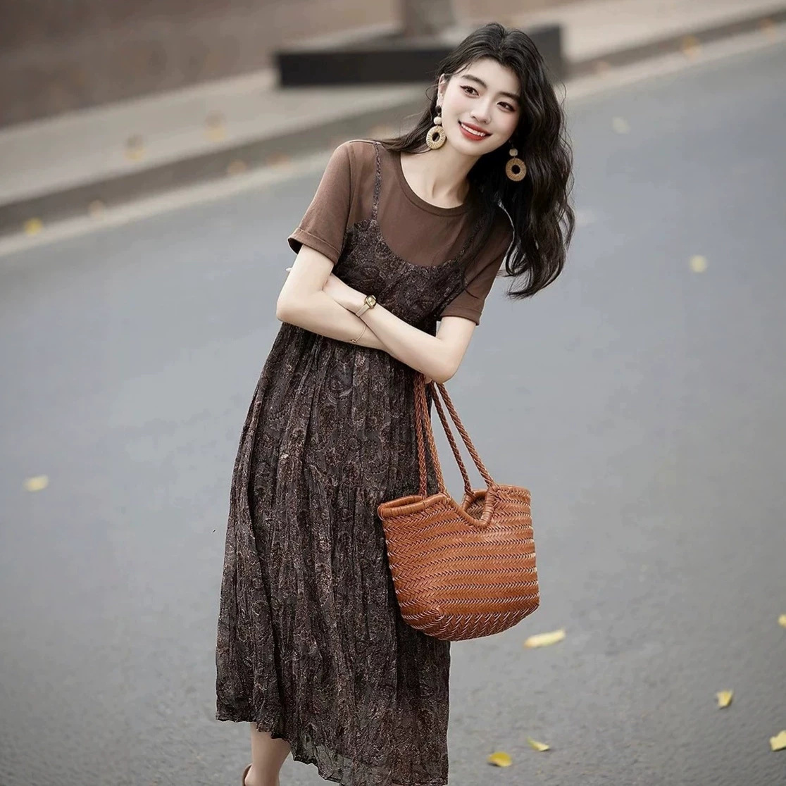 Đầm suông midi họa tiết hoa nhỏ phong cách Pháp, thiết kế giả hai lớp chữ A — màu cà phê chi tiết 5
