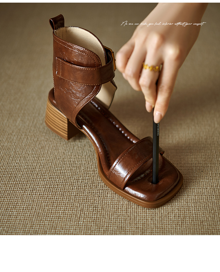 Sandal nữ cao cổ mũi vuông da thật khóa thắt lưng gót thô 9 cm — Màu nâu, Màu đen chi tiết 3