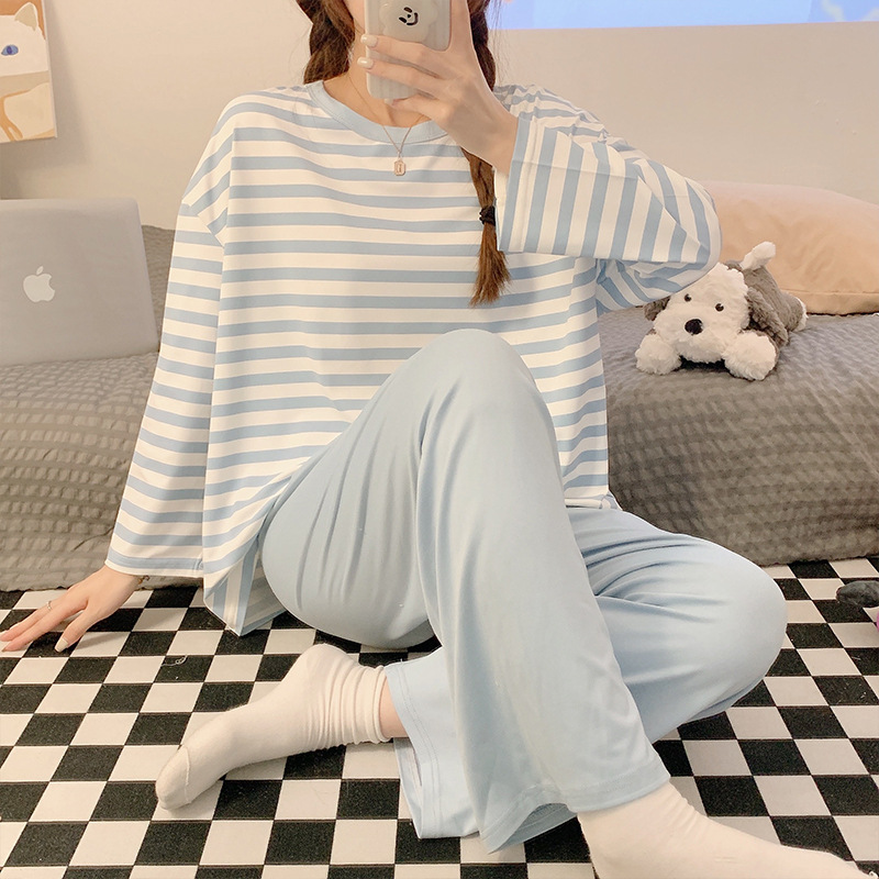 (2개) 줄무늬 잠옷 여성의 봄과 가을 얇은 둥근 목 긴팔 바지 한국식 느슨한 학생 가정 옷 세트