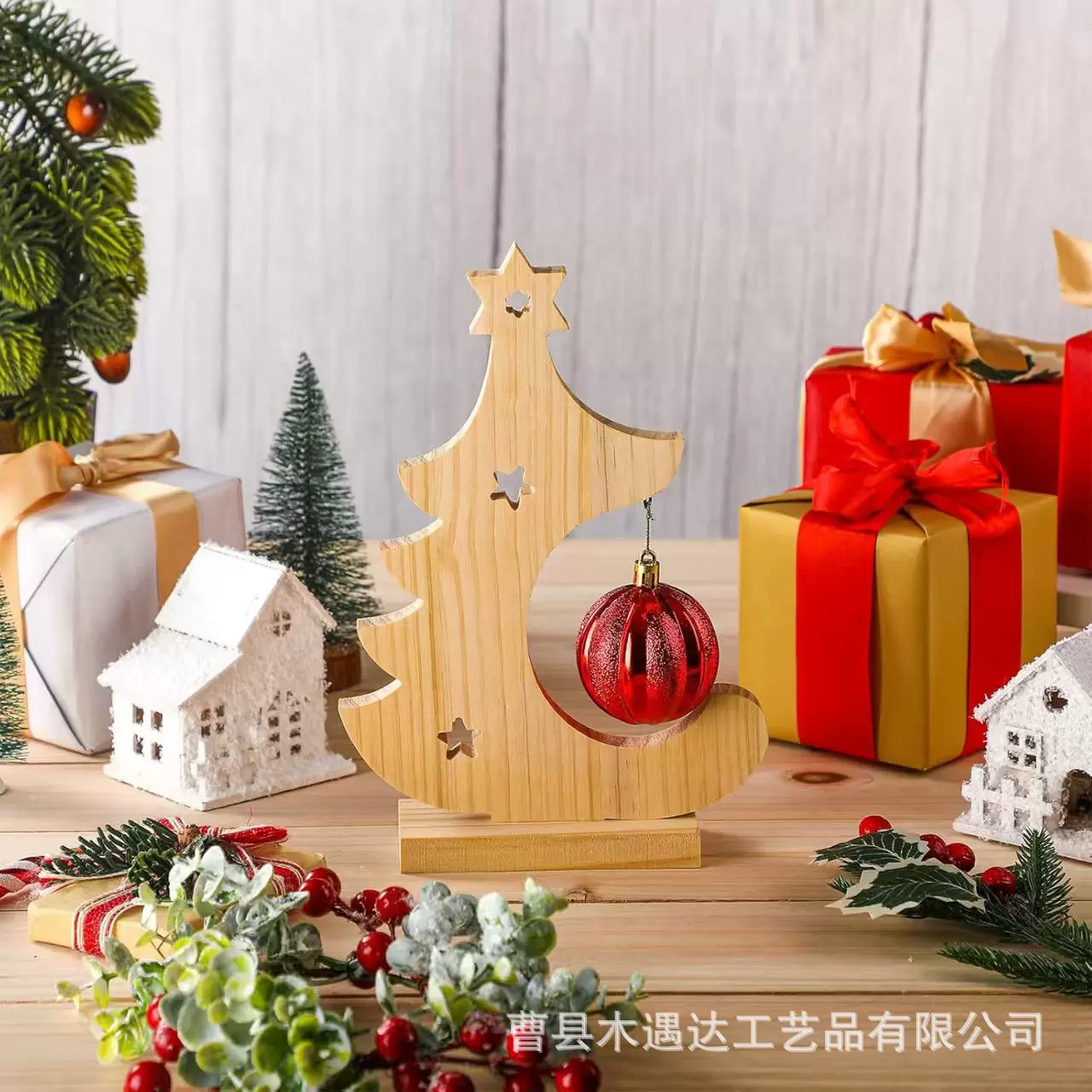 跨境木质圣诞装饰品DIY摆台节日派对挂件家居桌面摆件实木工艺品