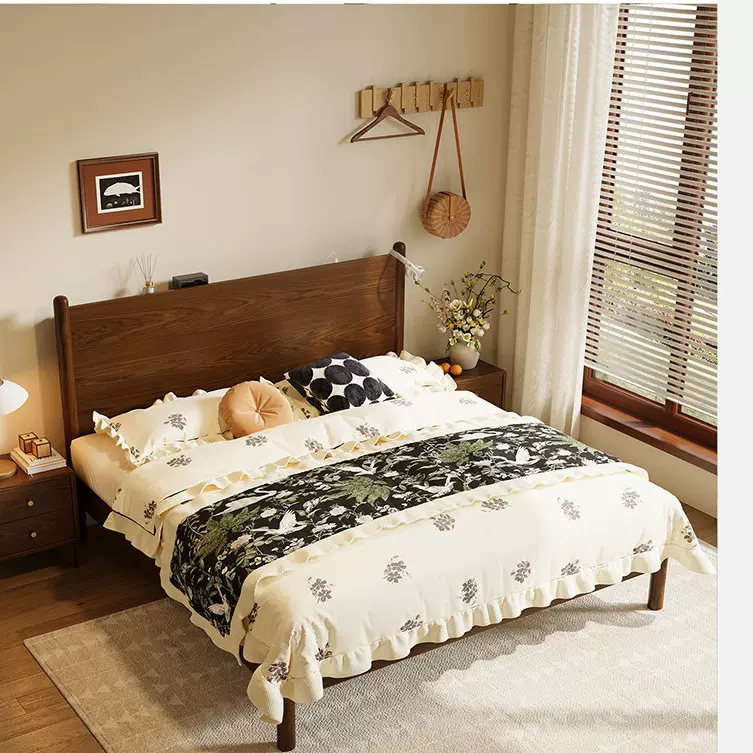 床1米8双人床全实木中古风胡桃木色大床小户型1米2单人床家用卧室