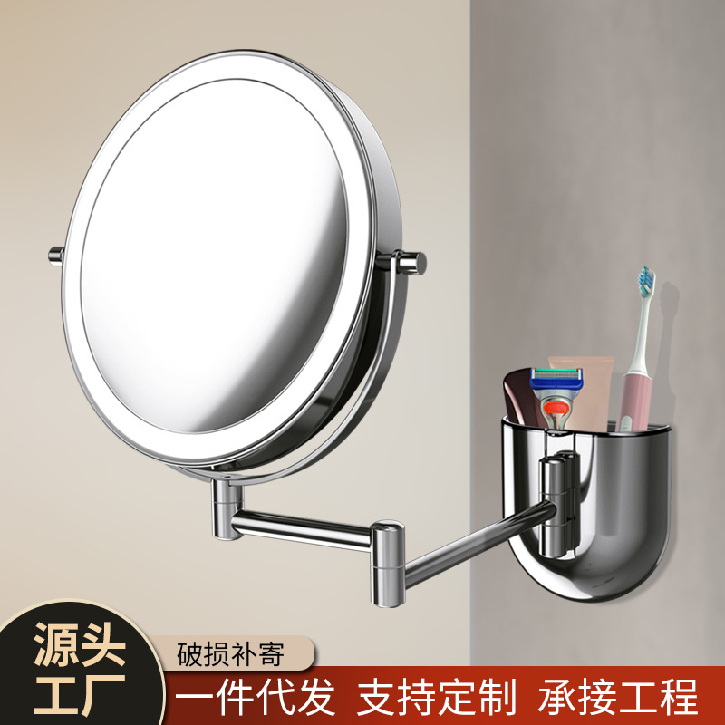 Espejo de maquillaje de baño sin golpes LED montado en la pared plegable retráctil espejo de tocador de doble cara con luz espejo de Baño de hotel