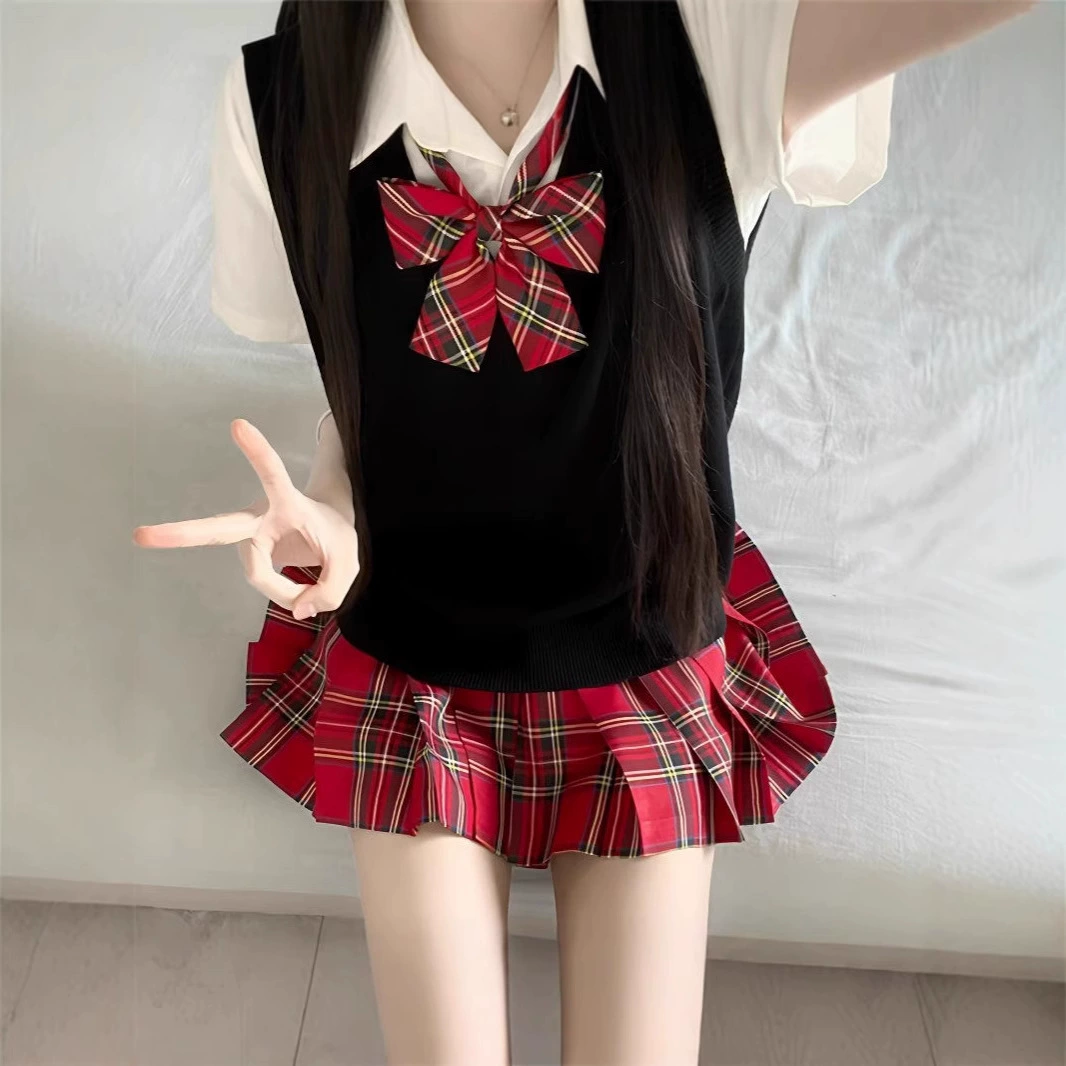 Little Chili JK Униформа набор осень-зима Оригинальная японская рождественская красная сетка юбка школьная подкладка плиссированная юбка женская юбка