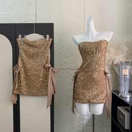 实拍 圣诞限定亮片抹胸性感收腰蝴蝶结连衣裙高端包臀礼服女