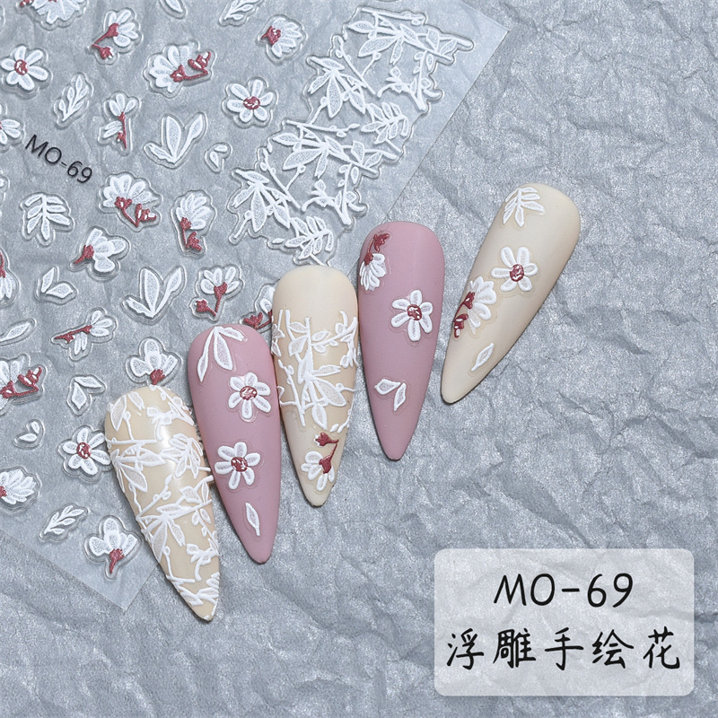 Nuevo estilo japonés alivio semi-transparente flor uñas pegatinas 3D tridimensional alivio pintado a mano flor uñas pegatinas adornos con adhesivo