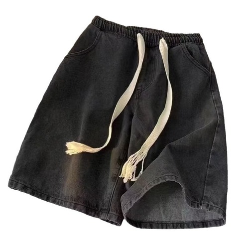 Men's Summer Casual Denim Five-Finger Short Pants with Lacing, Loose Fit, Retro High-Street Mid-Johns