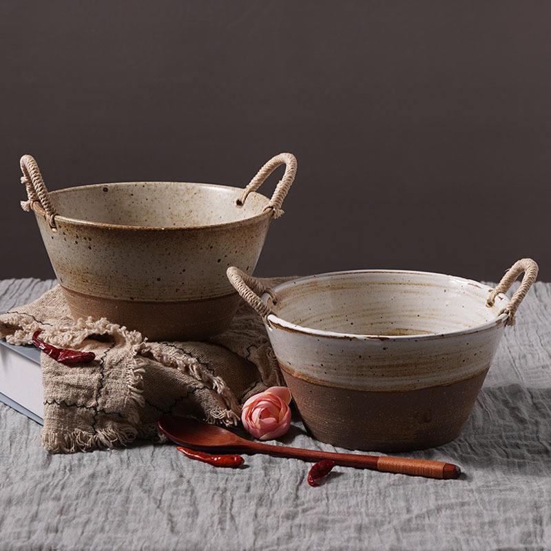 Japanese-style hand-woven stoneware tableware deep bowl round fruit basin binaural hemp rope deep plate dining bucket creative old vintage Bowl