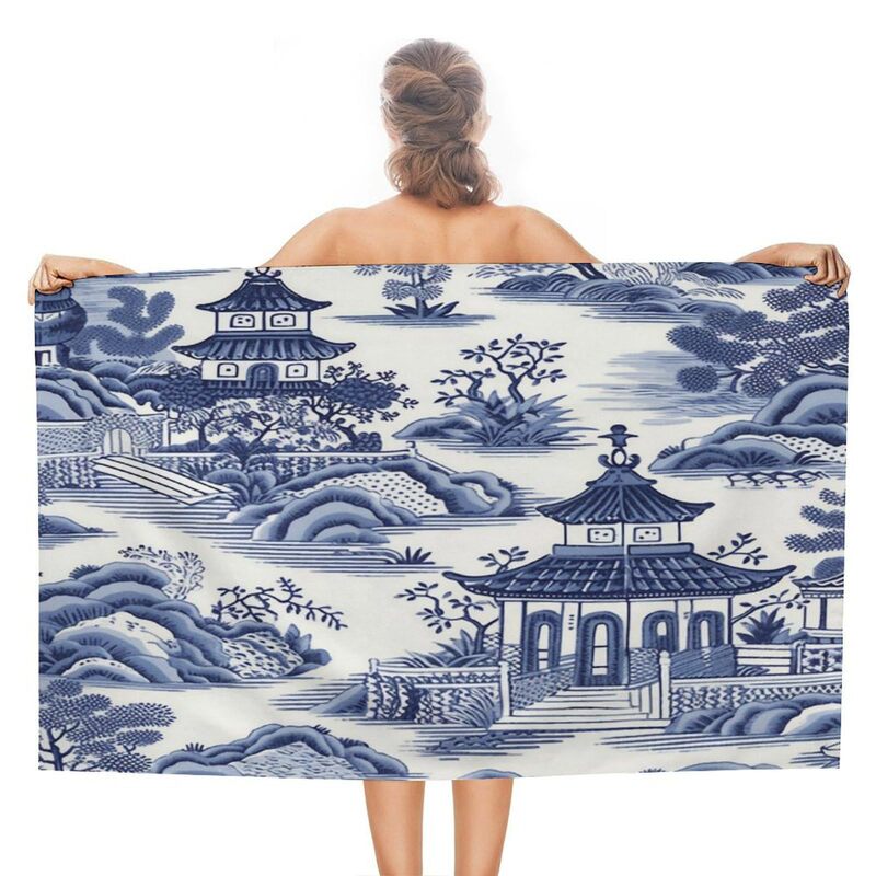 Nanjing Blue White Chinese Style Pagoda Asian Beach Towel Camping Bathing Bridal Party Graduation Gift Ladies Towel