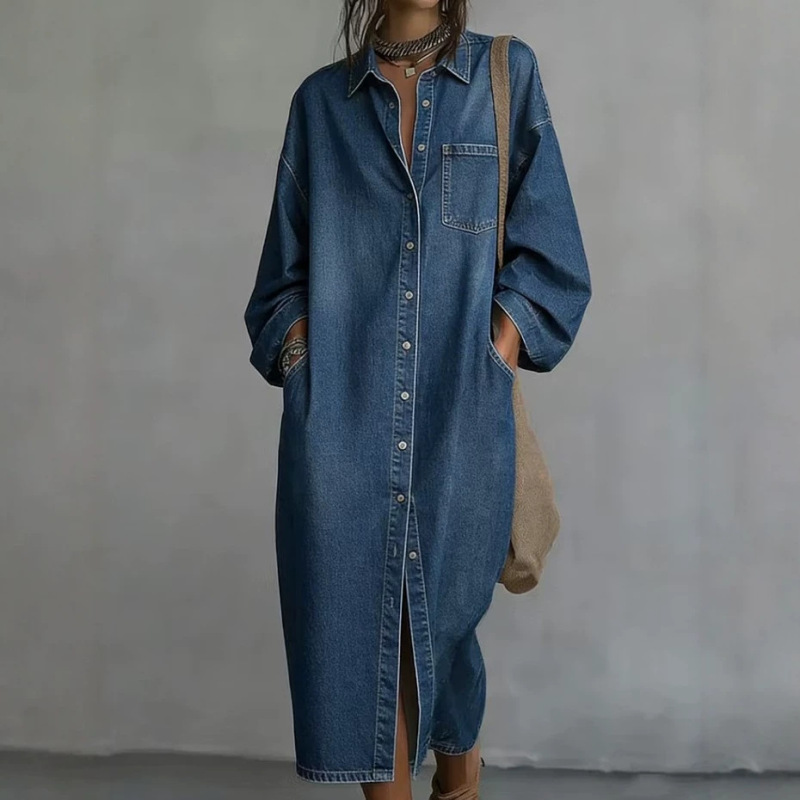 Popular Amazon cross-border European and American simple retro turn-down collar single-breasted loose denim shirt casual dress Popular Amazon cross-border European and American simple retro turn-down collar single-breasted loose denim shirt casual dress