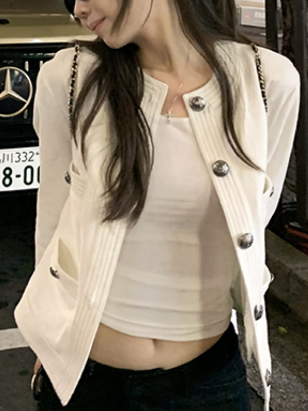 中古香香 白色明线撞色小香牛仔短外套女秋夹克|undefined