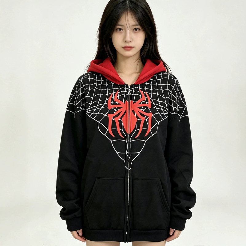 American-style Spider-Man hooded zip-up sweatshirt with black and red spider web print and mask, street style loose-fitting zip-up jacket American-style Spider-Man hooded zip-up sweatshirt with black and red spider web print and mask, street style loose-fitting zip-up jacket